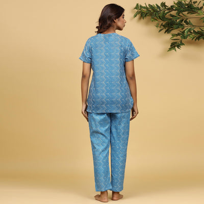 Light Blue Printed Pure Cotton Night Suit