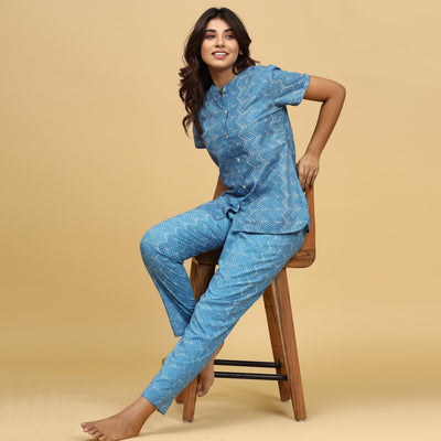 Light Blue Printed Pure Cotton Night Suit