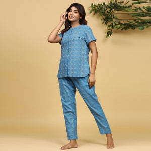 Light Blue Printed Pure Cotton Night Suit