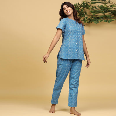 Light Blue Printed Pure Cotton Night Suit