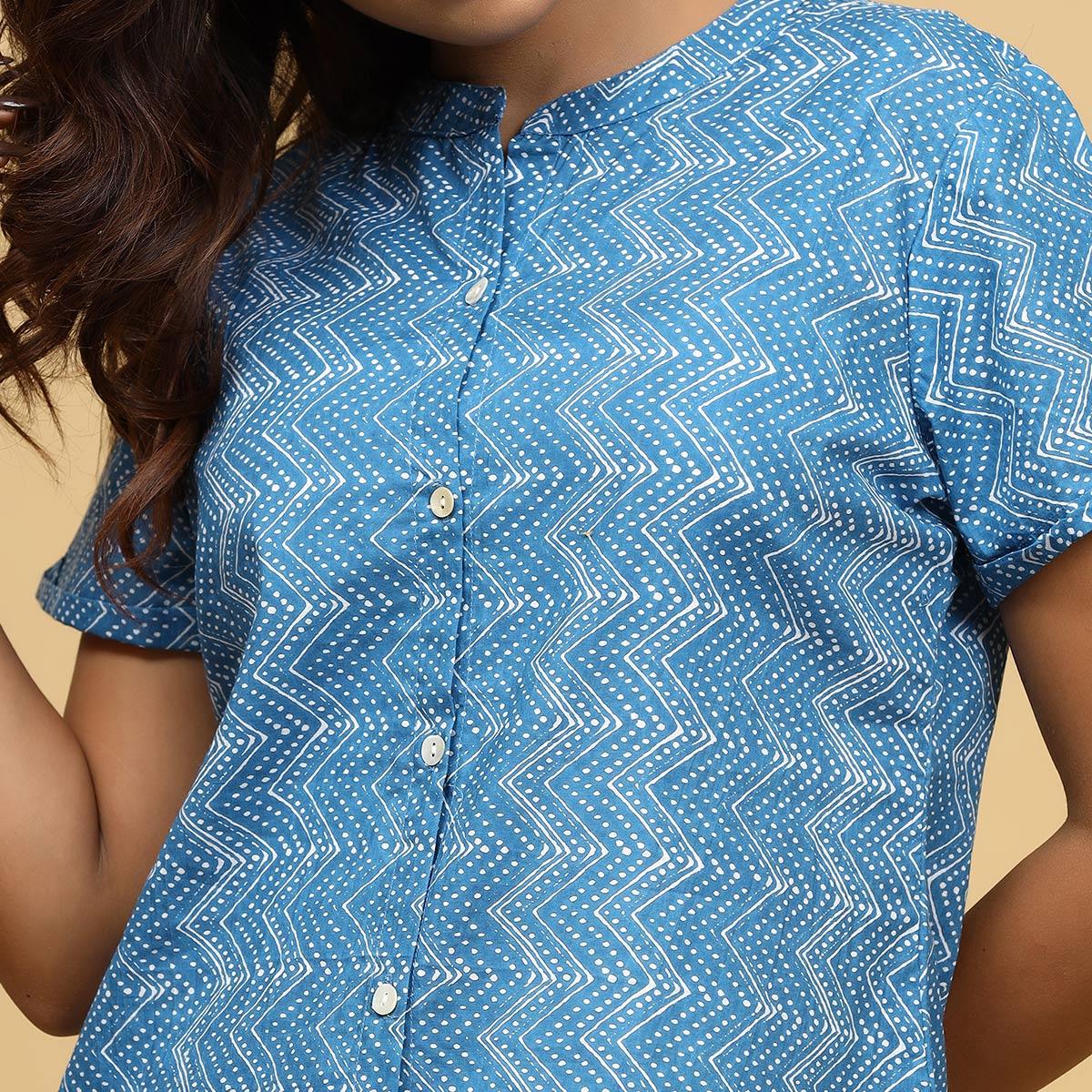 Light Blue Printed Pure Cotton Night Suit