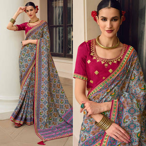 Light Blue Printed With Embellished Chiffon Saree With Tassels