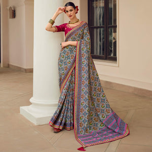 Light Blue Printed With Embellished Chiffon Saree With Tassels