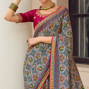 Light Blue Printed With Embellished Chiffon Saree With Tassels