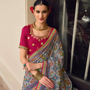 Light Blue Printed With Embellished Chiffon Saree With Tassels