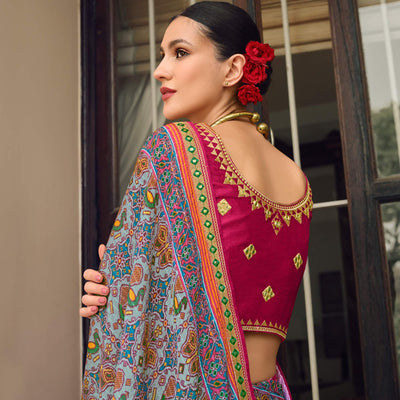 Light Blue Printed With Embellished Chiffon Saree With Tassels