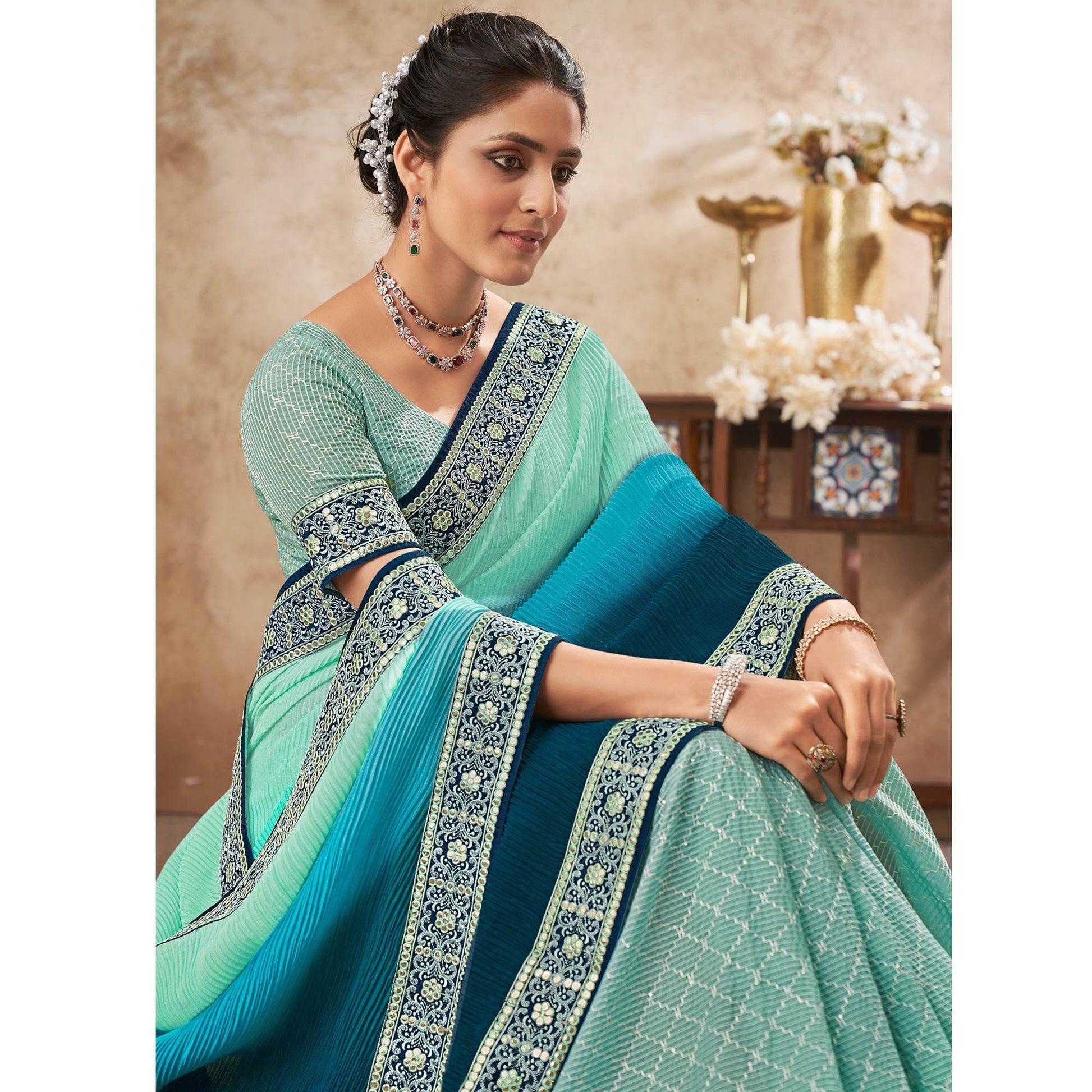 Light Blue Sequins Embroidered Chiffon Half & Half Saree