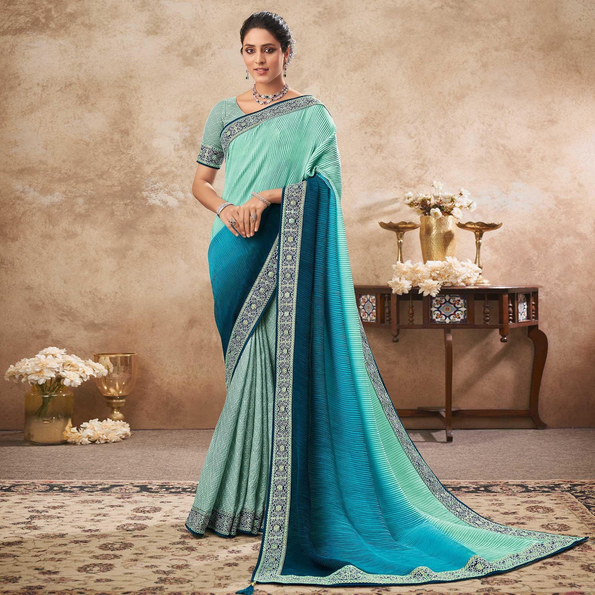 Light Blue Sequins Embroidered Chiffon Half & Half Saree