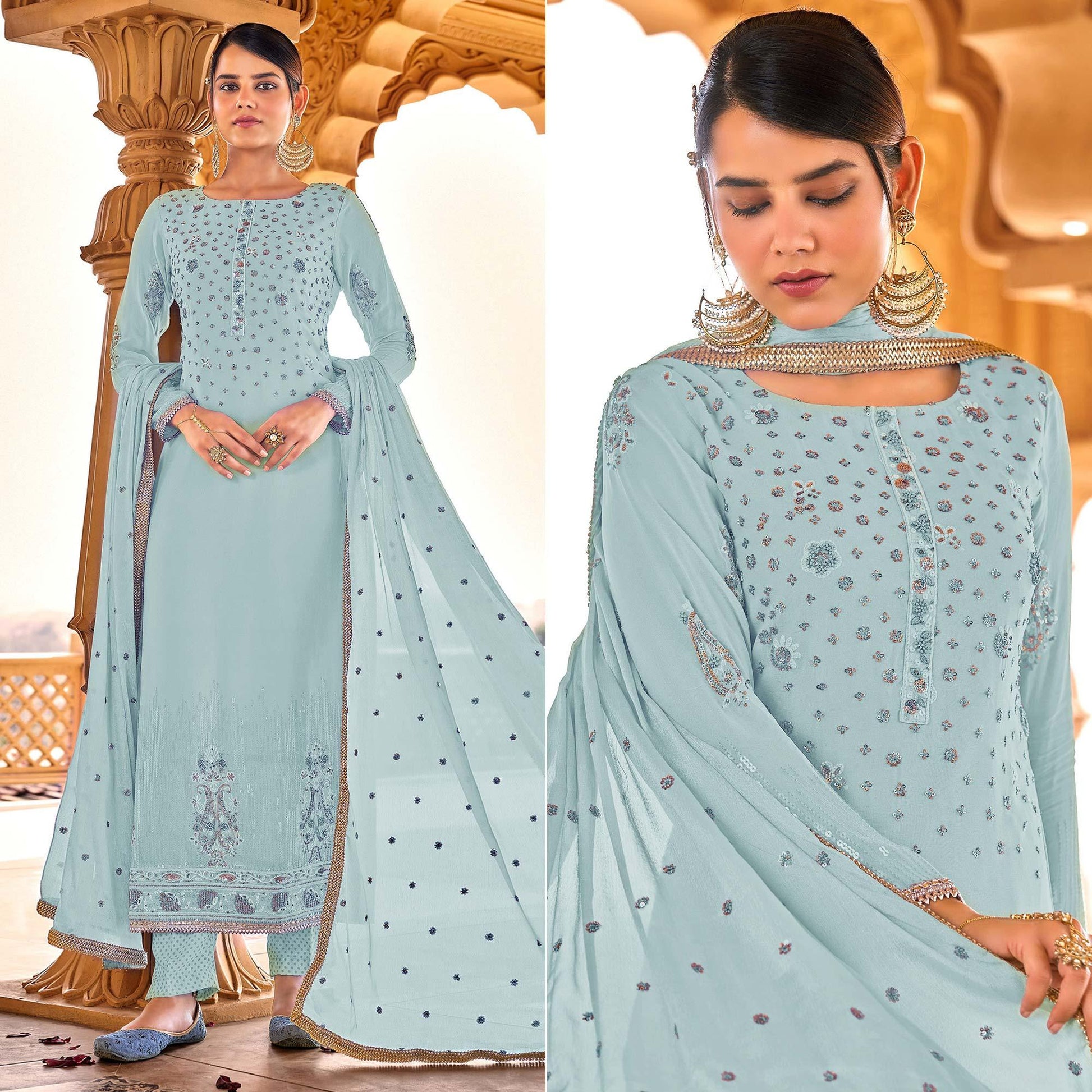 Light Blue Sequins Embroidered Georgette Suit
