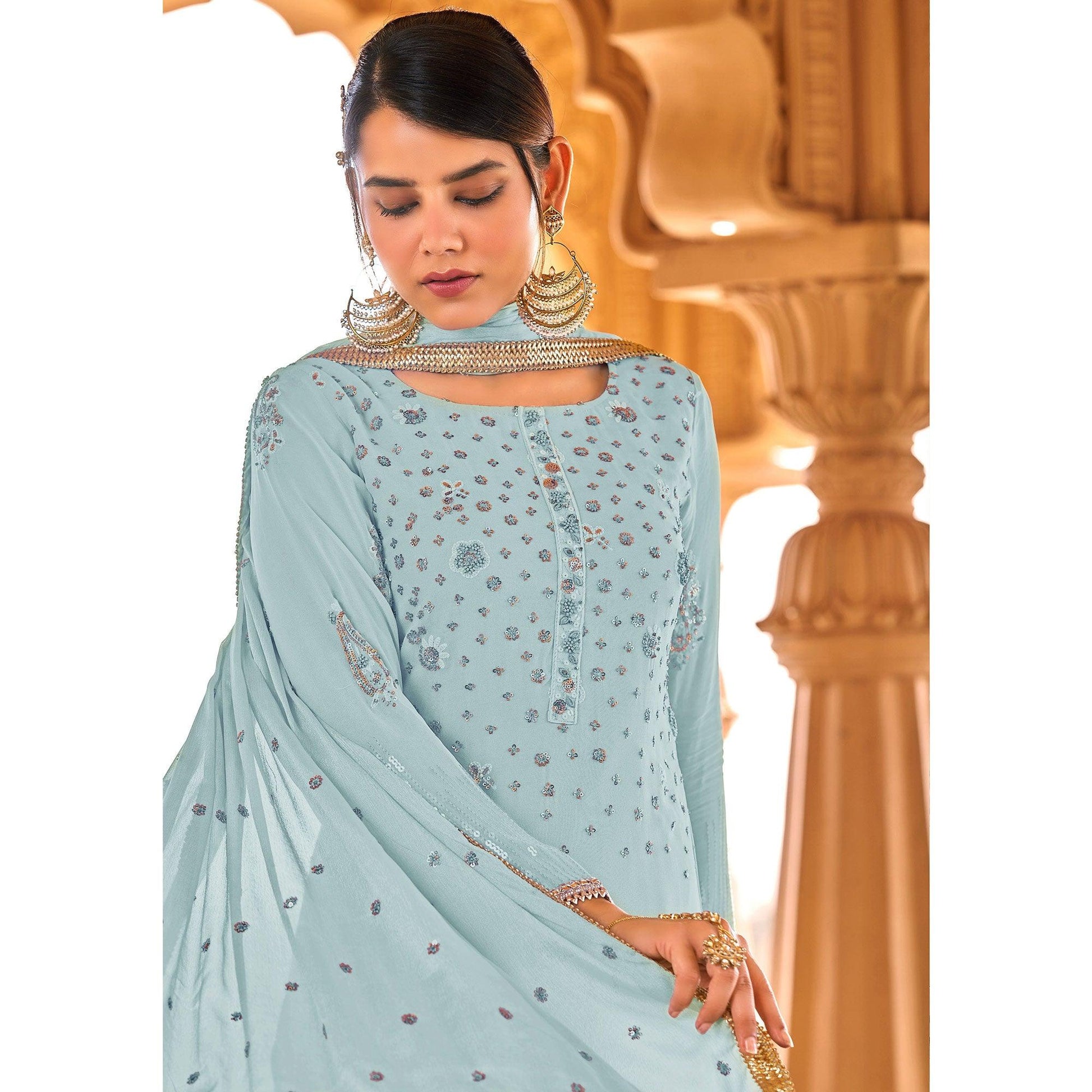 Light Blue Sequins Embroidered Georgette Suit