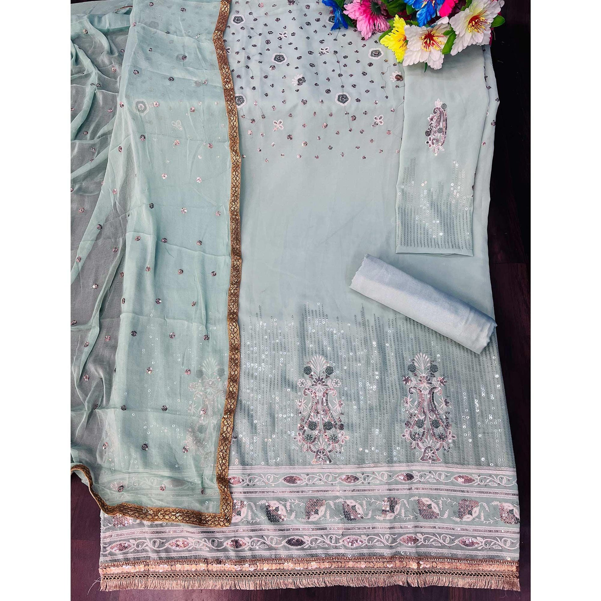 Light Blue Sequins Embroidered Georgette Suit