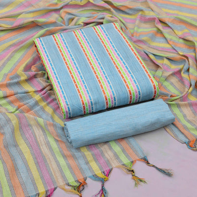 Light Blue Stripes Printed Cotton Blend Dress Material