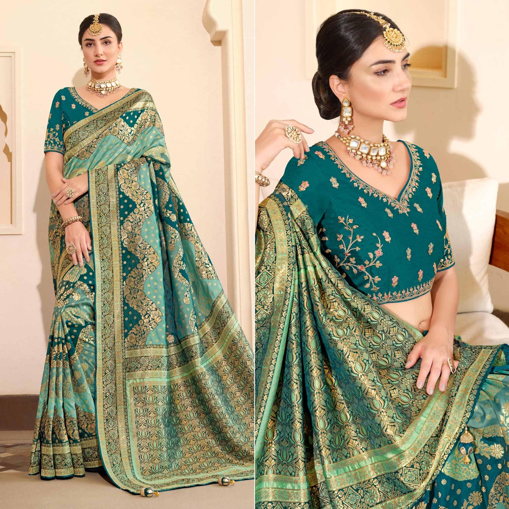 Light Blue Woven Banarasi Silk Saree With Tassels