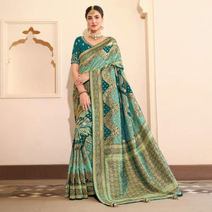 Light Blue Woven Banarasi Silk Saree With Tassels