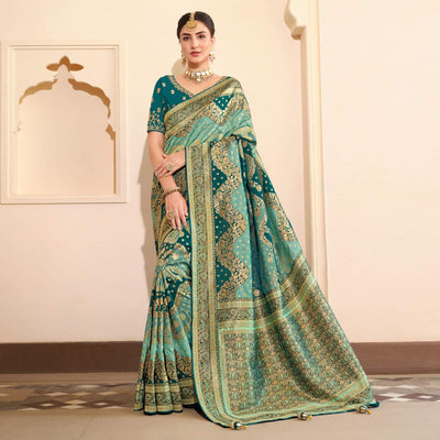 Light Blue Woven Banarasi Silk Saree With Tassels