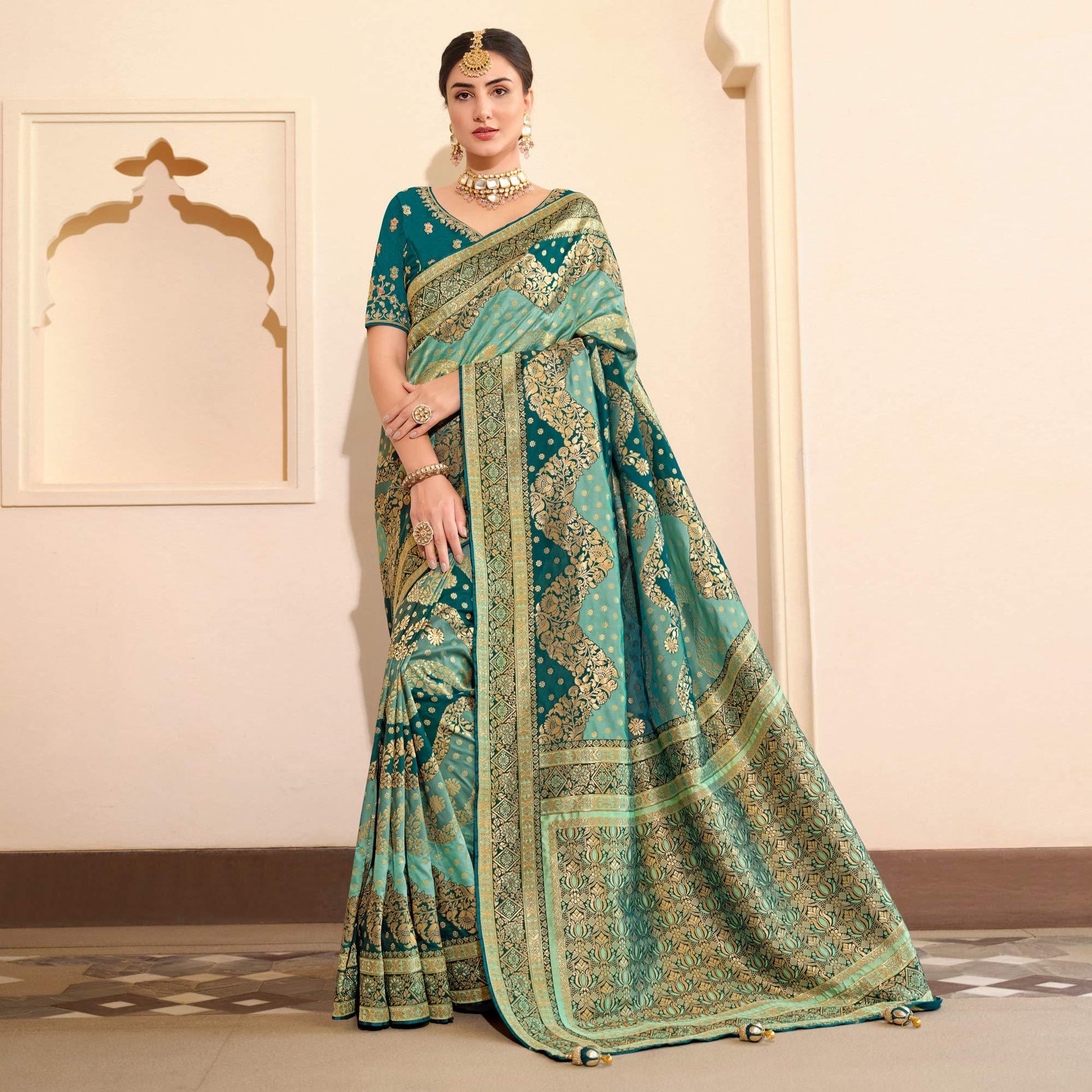 Light Blue Woven Banarasi Silk Saree With Tassels