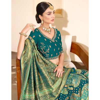 Light Blue Woven Banarasi Silk Saree With Tassels