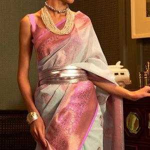 Light Blue Woven Linen Saree