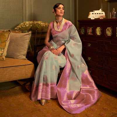 Light Blue Woven Linen Saree
