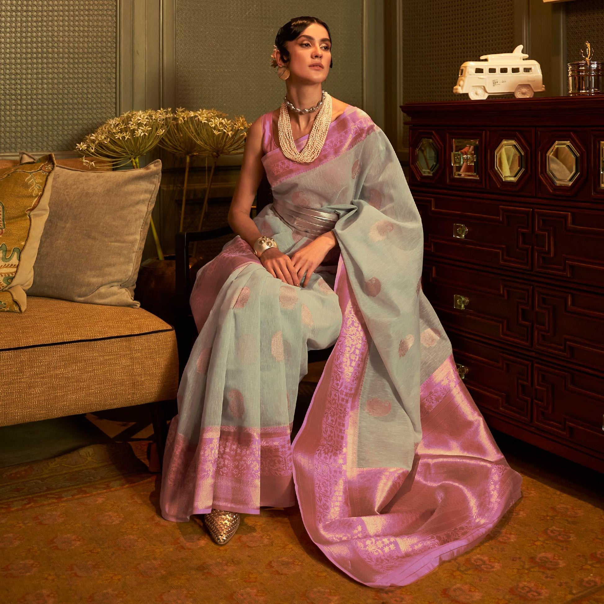 Light Blue Woven Linen Saree