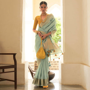 Light Blue Woven Organza Saree With Tassels
