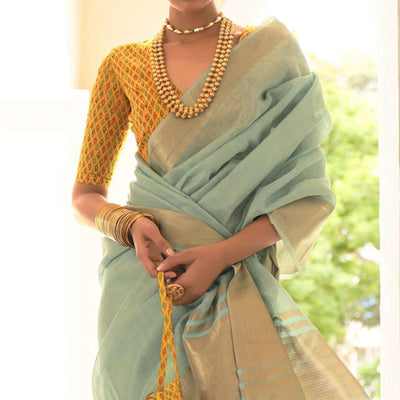 Light Blue Woven Organza Saree With Tassels