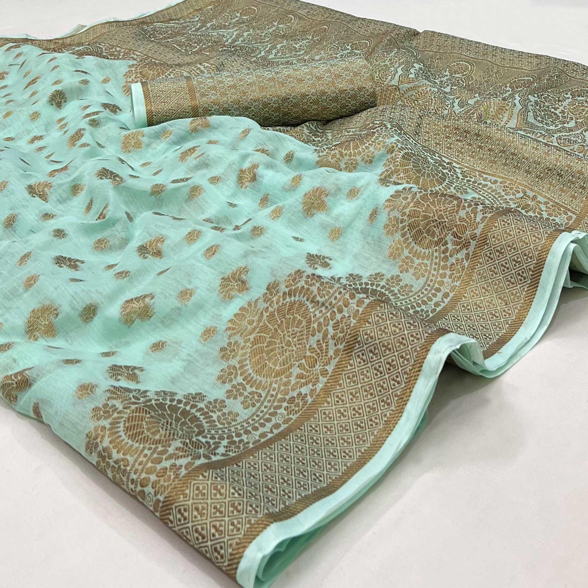 Light Blue Woven Cotton Blend Saree