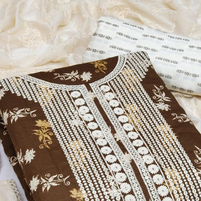 LIght Brown Casual Wear Floral Embroidered With Print Cotton Dress Material