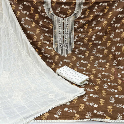 LIght Brown Casual Wear Floral Embroidered With Print Cotton Dress Material
