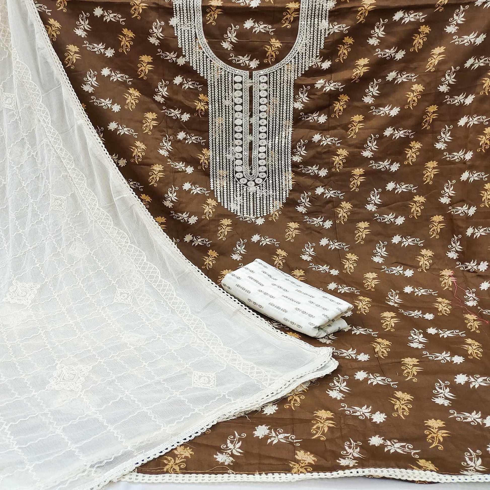 LIght Brown Casual Wear Floral Embroidered With Print Cotton Dress Material