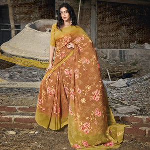 Light Brown Casual Wear Floral Printed Georgette Saree