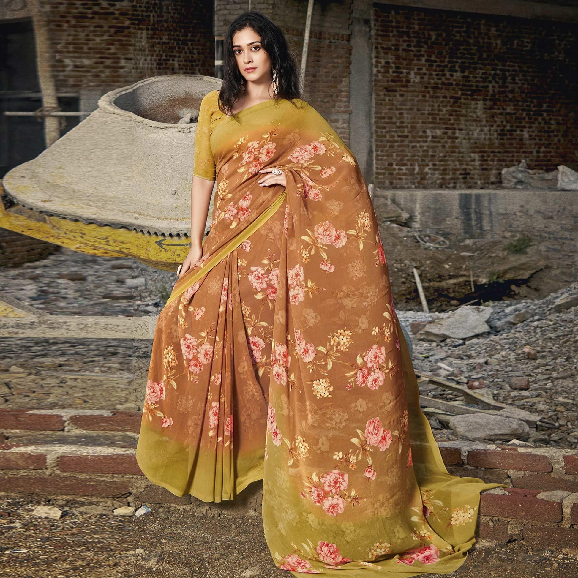 Light Brown Casual Wear Floral Printed Georgette Saree