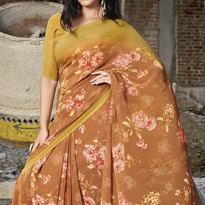 Light Brown Casual Wear Floral Printed Georgette Saree
