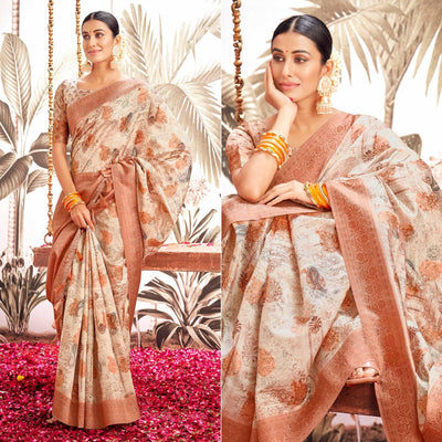 Light Brown Digital Printed Art Silk Saree With Tassels