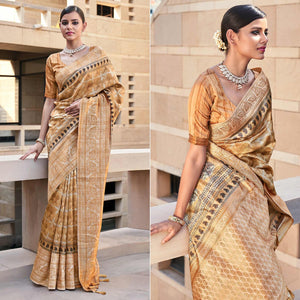 Light Brown Digital Printed Art Silk Saree With Tassels