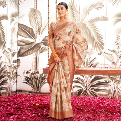 Light Brown Digital Printed Art Silk Saree With Tassels
