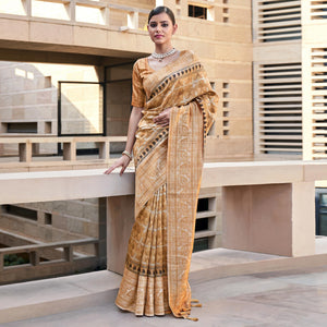 Light Brown Digital Printed Art Silk Saree With Tassels