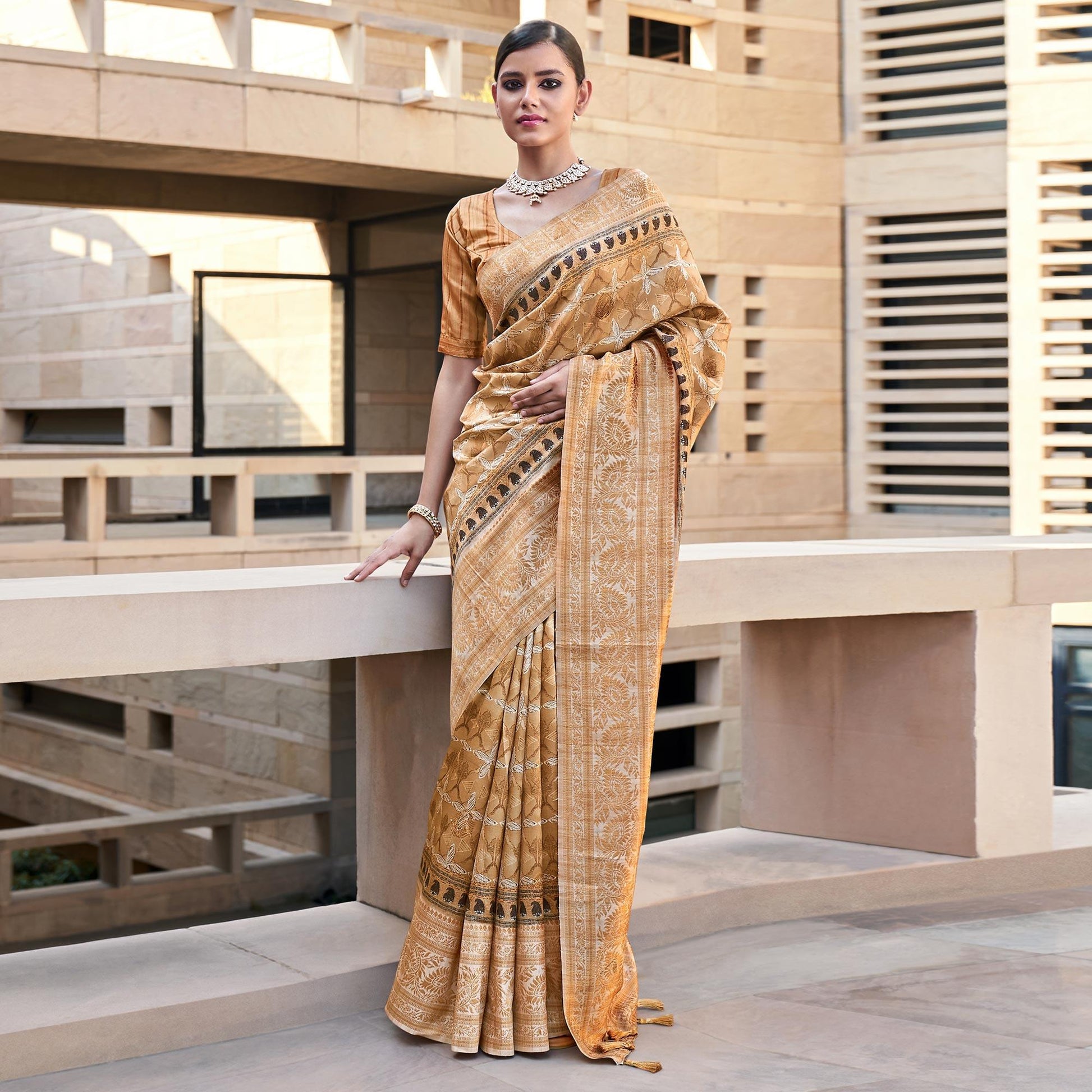 Light Brown Digital Printed Art Silk Saree With Tassels