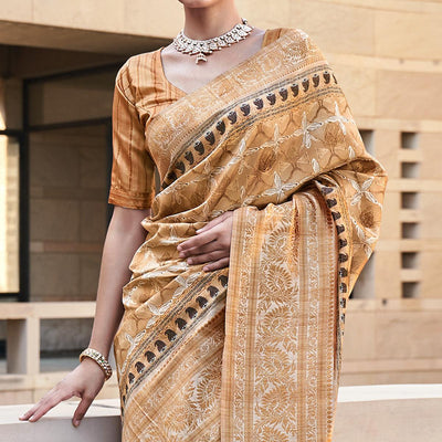 Light Brown Digital Printed Art Silk Saree With Tassels