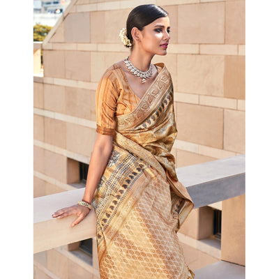 Light Brown Digital Printed Art Silk Saree With Tassels
