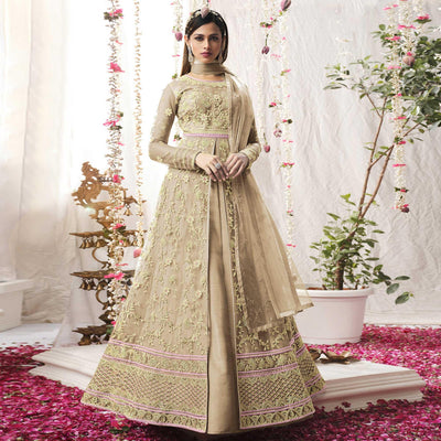 Light Brown Embroidered Netted Anarkali Suit