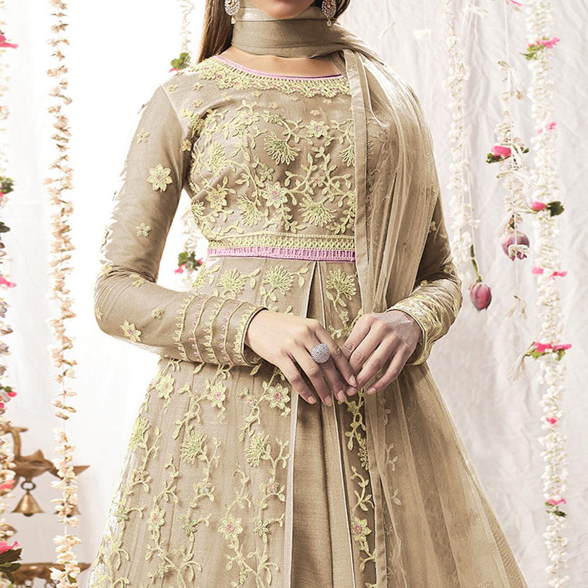 Light Brown Embroidered Netted Anarkali Suit
