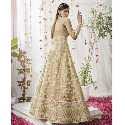 Light Brown Embroidered Netted Anarkali Suit