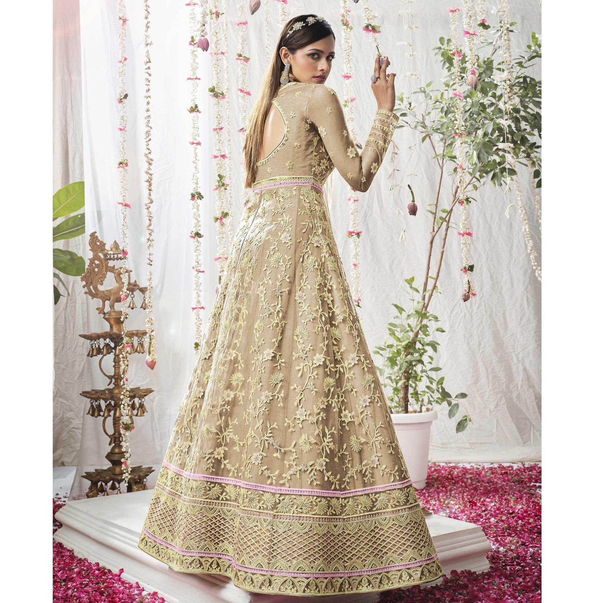 Light Brown Embroidered Netted Anarkali Suit