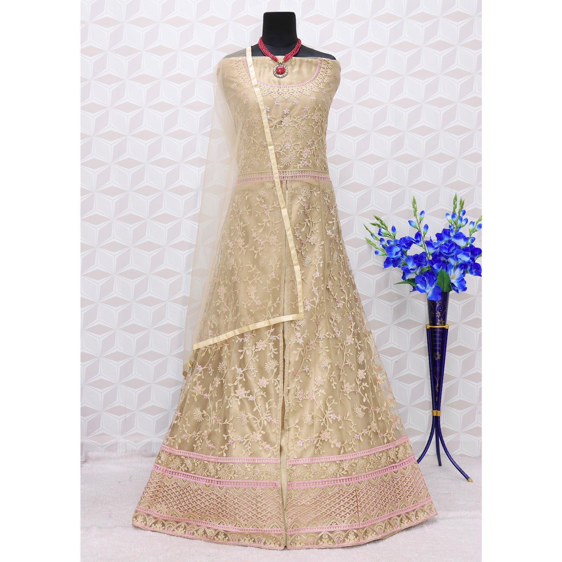 Light Brown Embroidered Netted Anarkali Suit