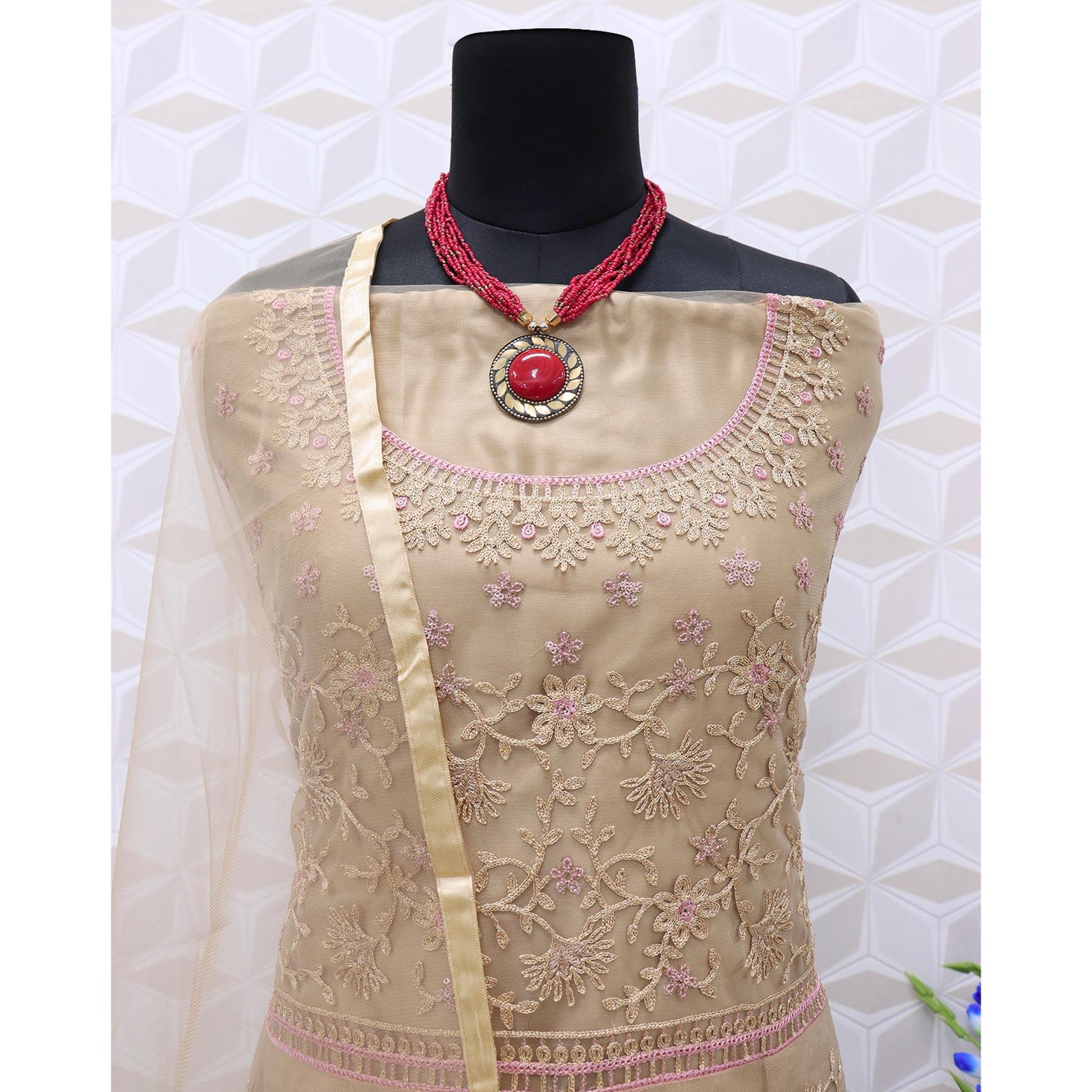 Light Brown Embroidered Netted Anarkali Suit