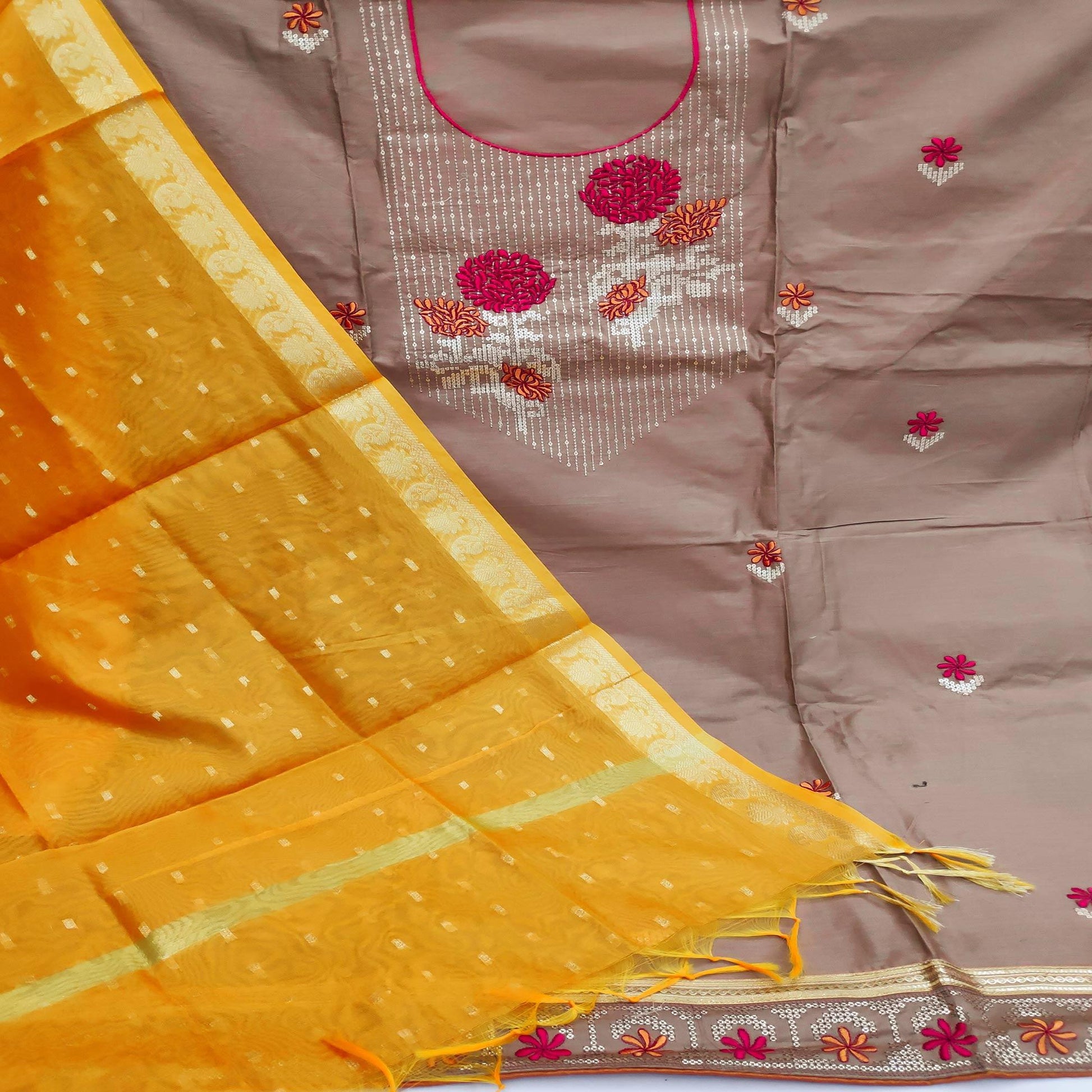Light Brown Festive Wear Floral Embroidered Cotton Dress Material