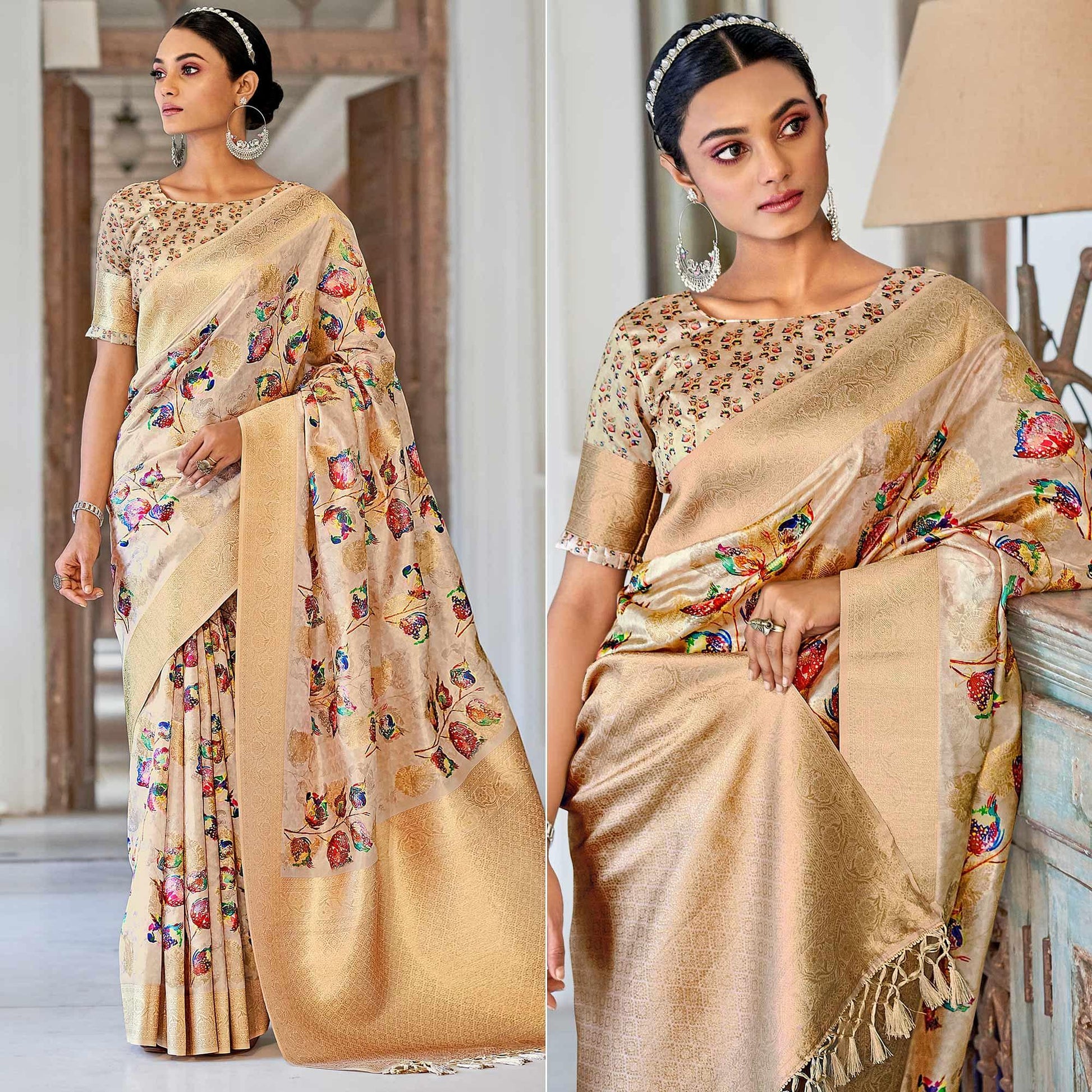 Light Brown Festive Wear Floral Printed With Woven With Woven Jacquard Saree