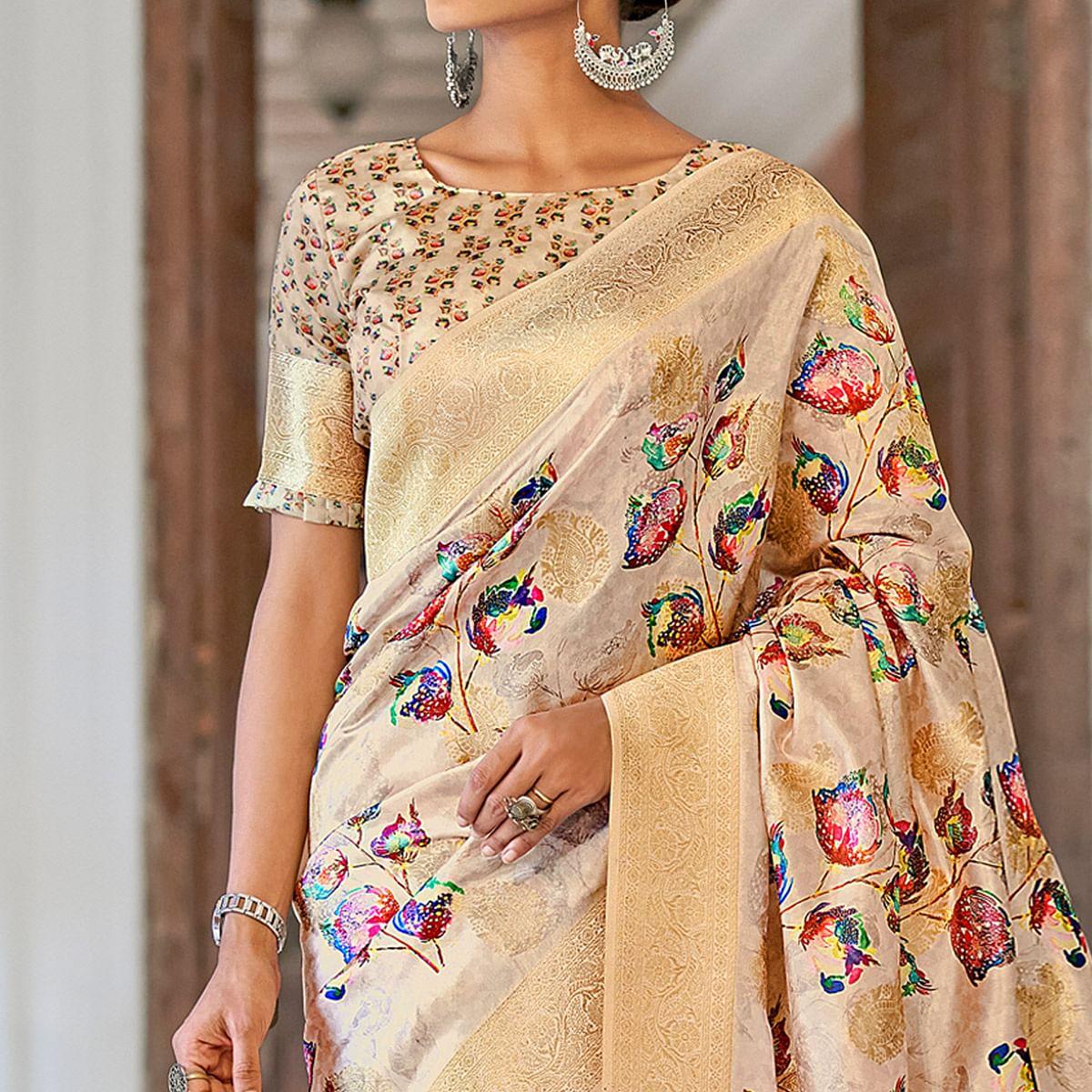 Light Brown Festive Wear Floral Printed With Woven With Woven Jacquard Saree