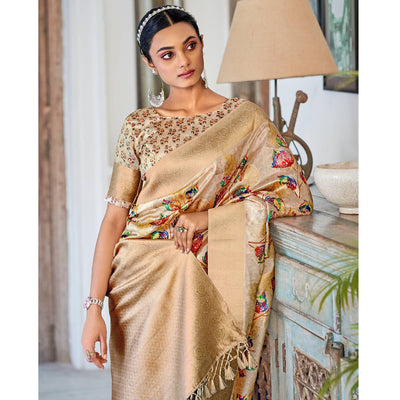 Light Brown Festive Wear Floral Printed With Woven With Woven Jacquard Saree